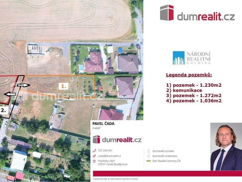 K prodeji, stavební pozemek o výměře 1.272 m2, obec Hůry, okr. České Budějovice